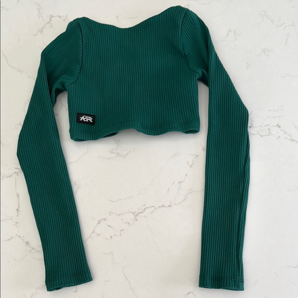 Green Ribbed Long Sleeve Crop Top